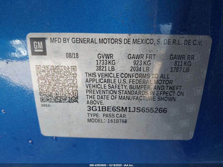 2018 Chevrolet Cruze Lt Auto VIN: 3G1BE6SM1JS655266 Lot: 43953680