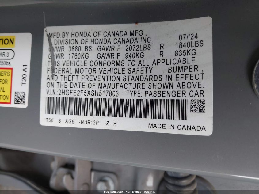 2025 Honda Civic Sport VIN: 2HGFE2F5XSH517803 Lot: 43953681