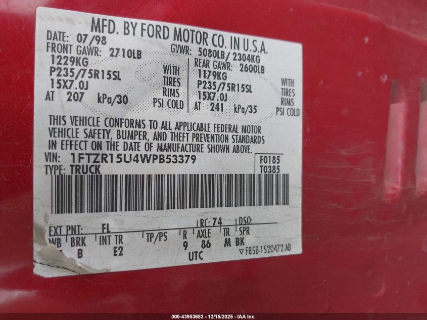 1998 Ford Ranger Splash/Xl/Xlt VIN: 1FTZR15U4WPB53379 Lot: 43953683