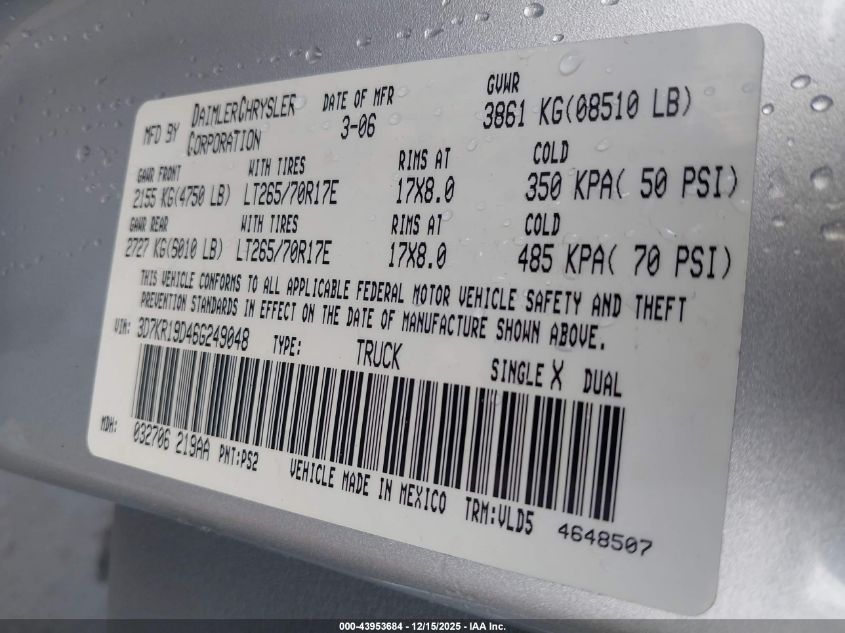 2006 Dodge Ram 1500 Laramie VIN: 3D7KR19D46G249048 Lot: 43953684