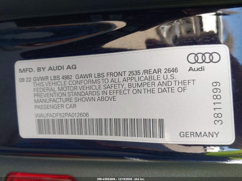 2023 Audi A5 Sportback Premium Plus 45 Tfsi S Line Quattro S Tronic VIN: WAUFADF52PA012606 Lot: 43953686