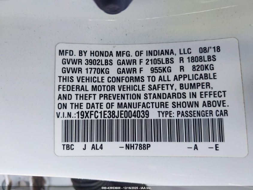 2018 Honda Civic Ex-T VIN: 19XFC1E38JE004039 Lot: 43953688