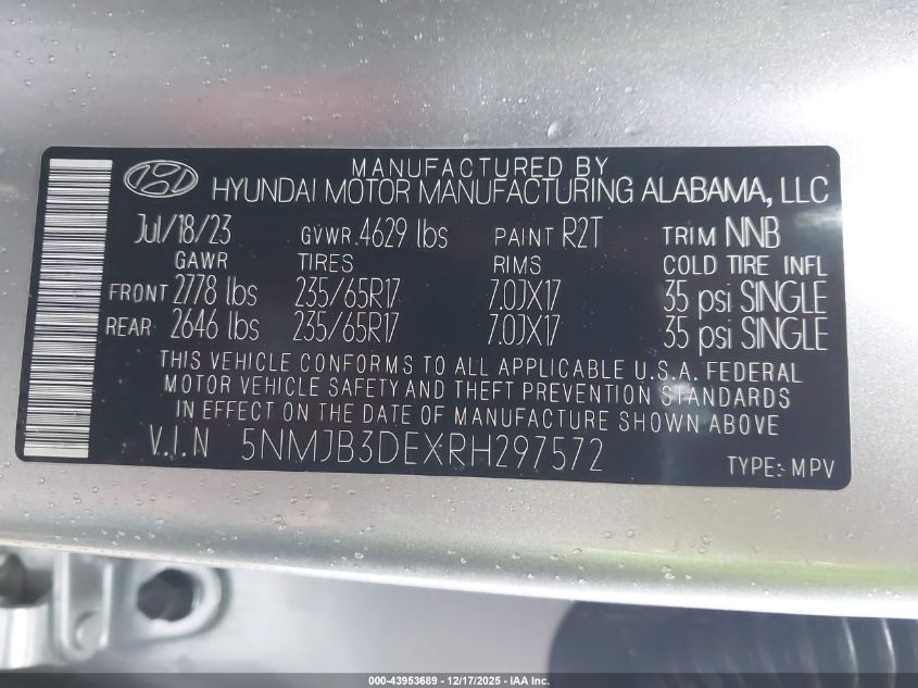 2024 Hyundai Tucson Sel VIN: 5NMJB3DEXRH297572 Lot: 43953689