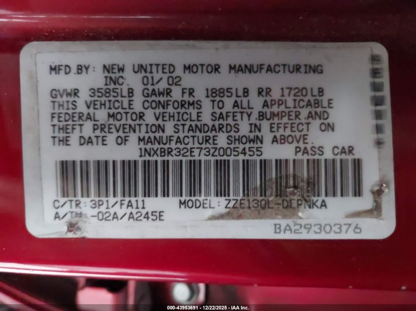 2003 Toyota Corolla Le VIN: 1NXBR32E73Z005455 Lot: 43953691