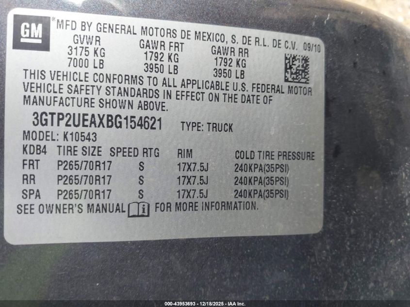 2011 GMC Sierra 1500 Sl VIN: 3GTP2UEAXBG154621 Lot: 43953693