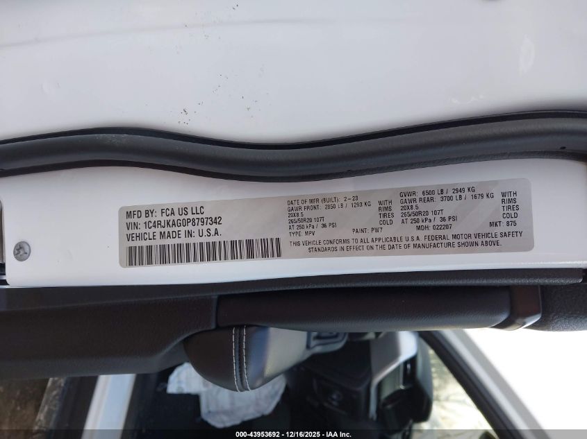 2023 Jeep Grand Cherokee L Altitude 4X4 VIN: 1C4RJKAG0P8797342 Lot: 43953692