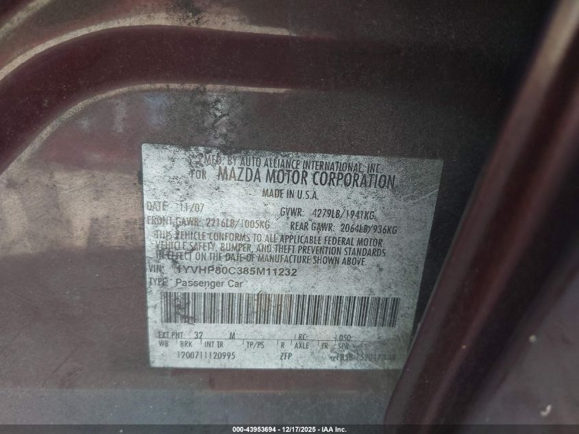 2008 Mazda Mazda6 I Sport Ve VIN: 1YVHP80C385M11232 Lot: 43953694