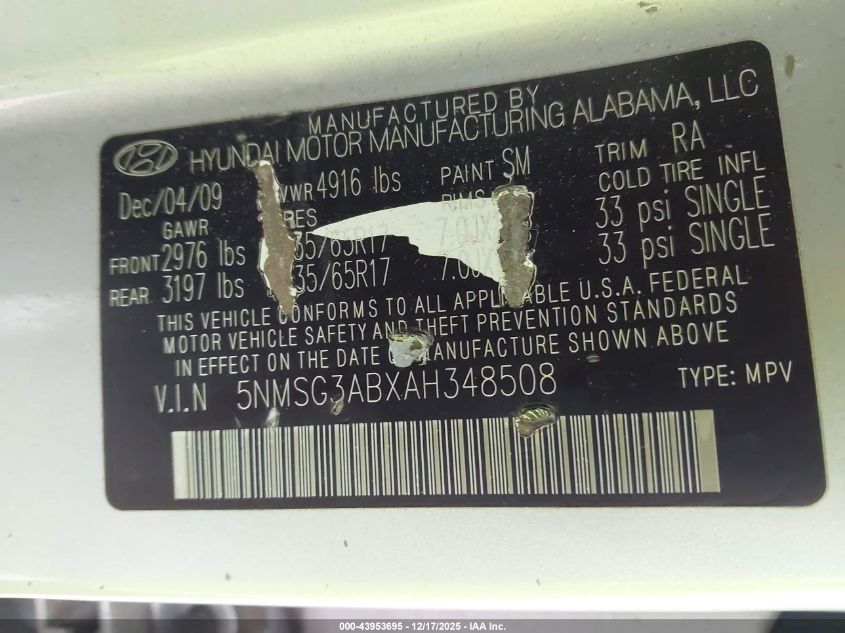 2010 Hyundai Santa Fe Gls VIN: 5NMSG3ABXAH348508 Lot: 43953695