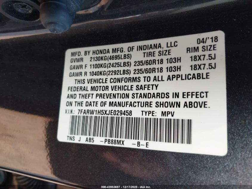 2018 Honda Cr-V Ex VIN: 7FARW1H5XJE029458 Lot: 43953697