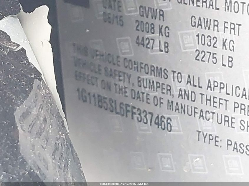 2015 Chevrolet Malibu Ls VIN: 1G11B5SL6FF337466 Lot: 43953698