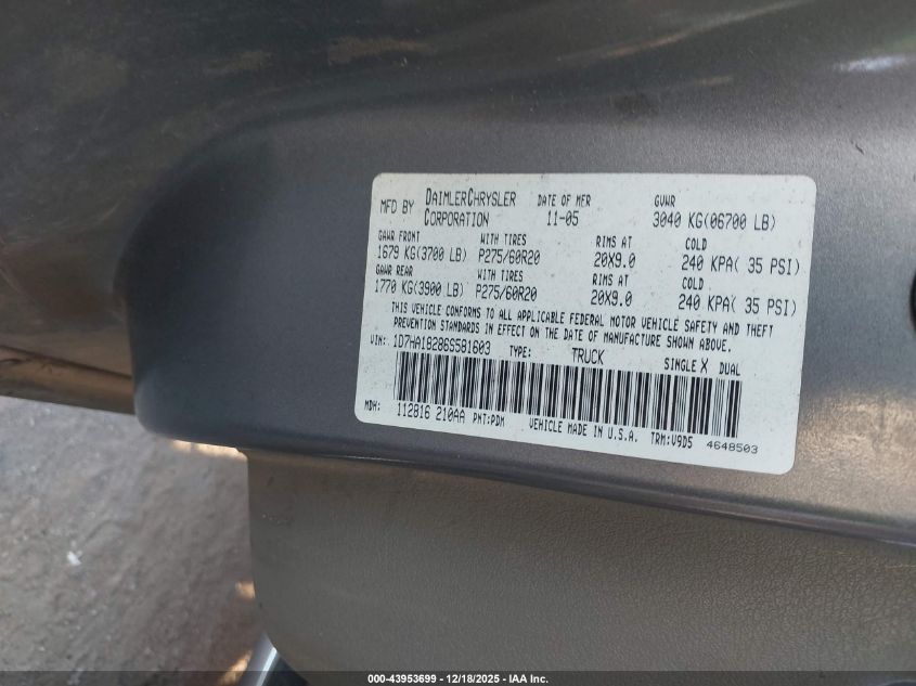 2006 Dodge Ram 1500 Slt VIN: 1D7HA18286S581603 Lot: 43953699