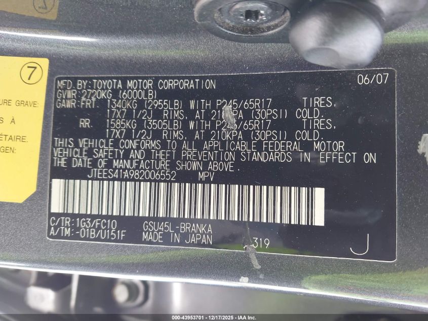 2008 Toyota Highlander VIN: JTEES41A982006552 Lot: 43953701