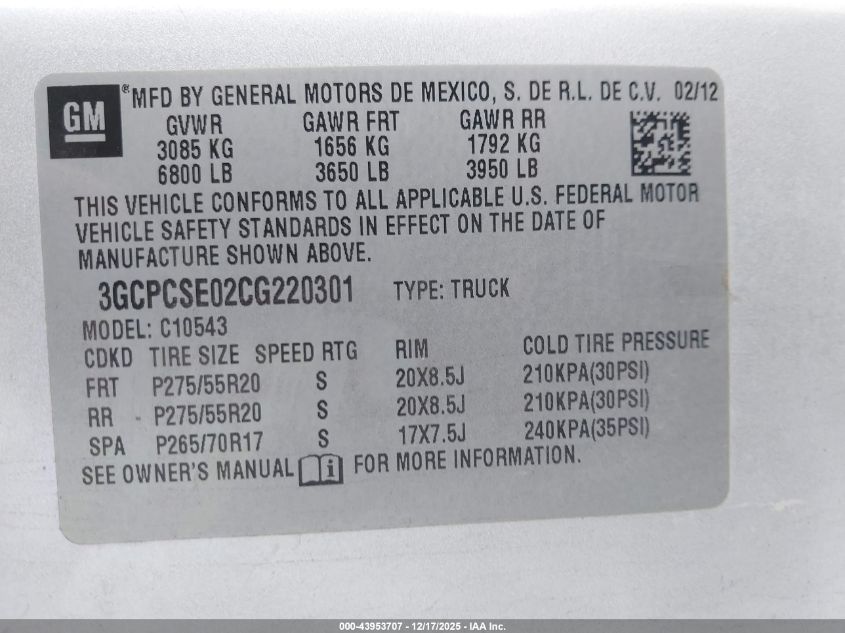 2012 Chevrolet Silverado 1500 Lt VIN: 3GCPCSE02CG220301 Lot: 43953707