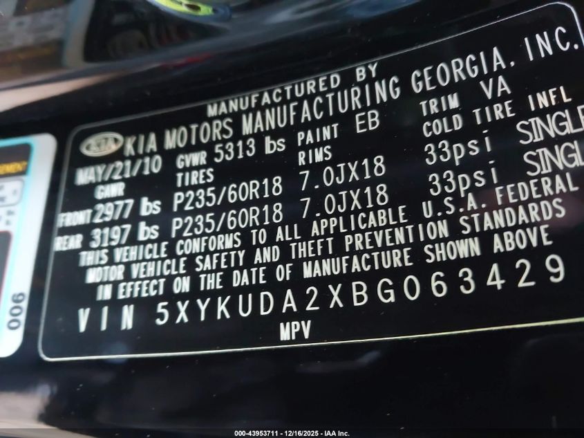 2011 Kia Sorento Ex V6 VIN: 5XYKUDA2XBG063429 Lot: 43953711