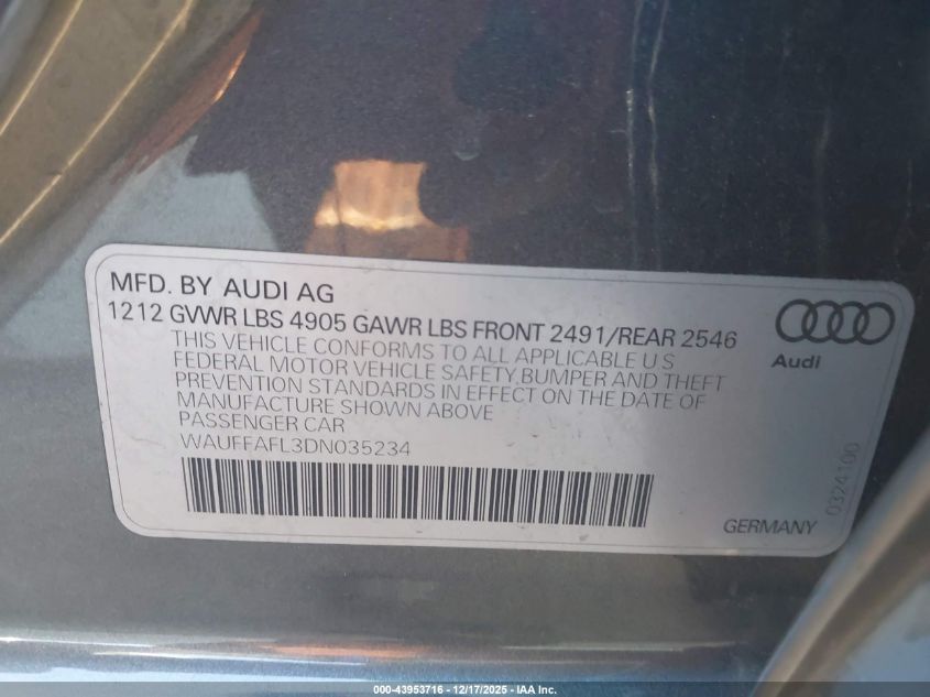 2013 Audi A4 2.0T Premium VIN: WAUFFAFL3DN035234 Lot: 43953716