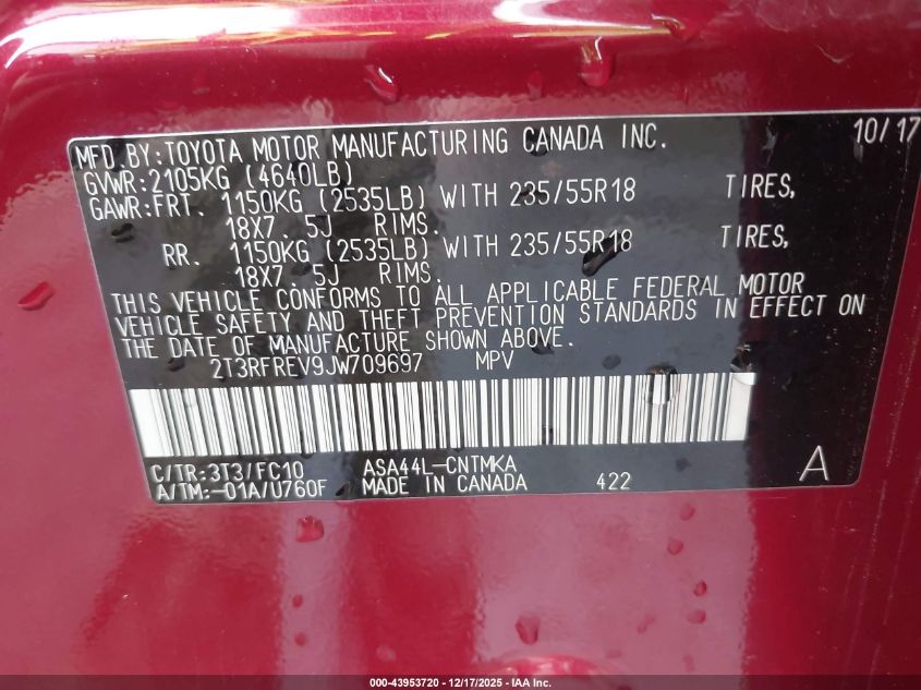 2018 Toyota Rav4 Adventure VIN: 2T3RFREV9JW709697 Lot: 43953720