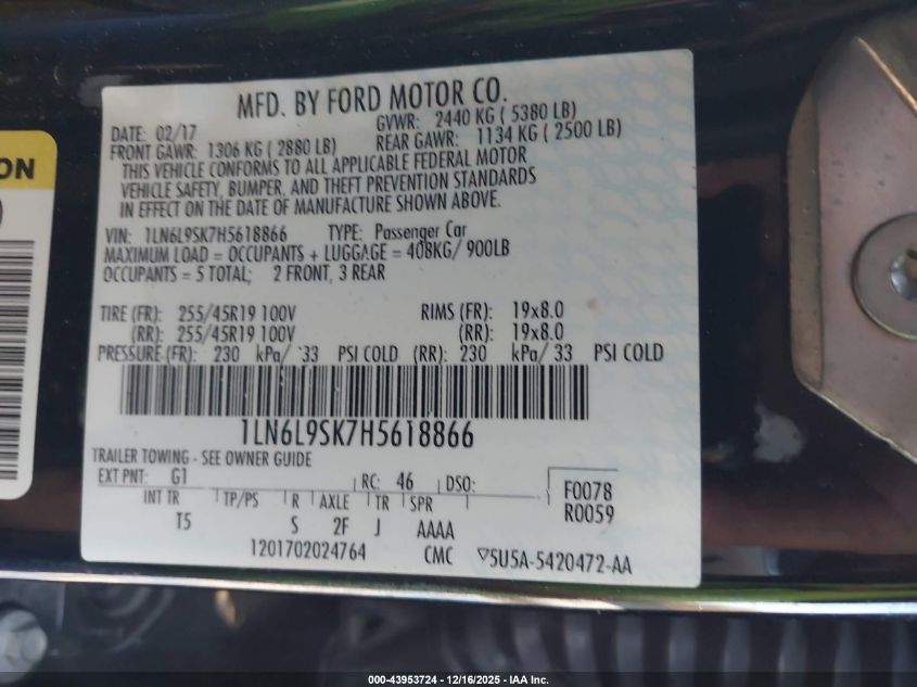 2017 Lincoln Continental Select VIN: 1LN6L9SK7H5618866 Lot: 43953724