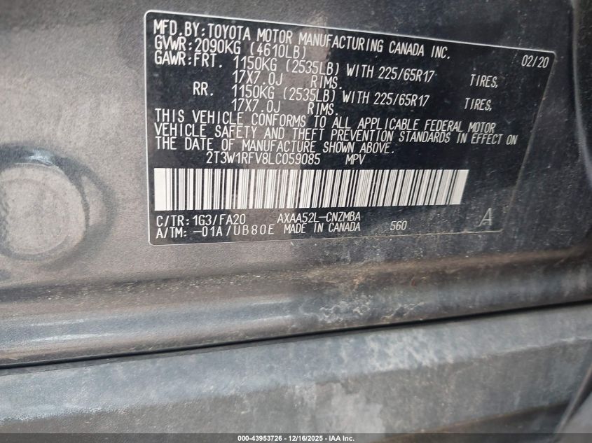 2020 Toyota Rav4 Xle VIN: 2T3W1RFV8LC059085 Lot: 43953726