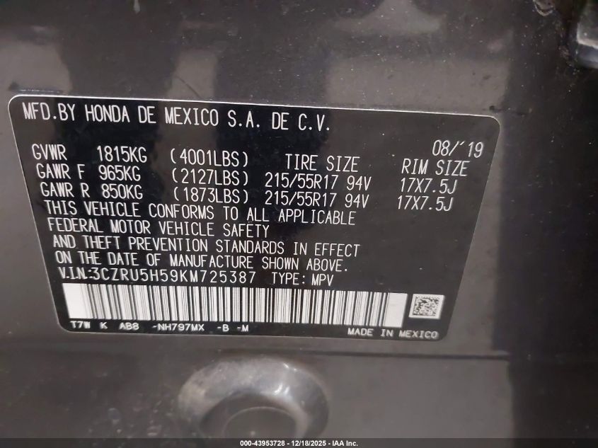 2019 Honda Hr-V Ex VIN: 3CZRU5H59KM725387 Lot: 43953728