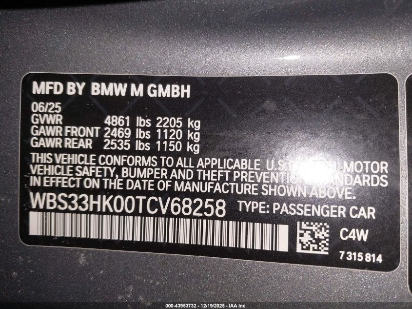 2026 BMW M4 Competition xDrive VIN: WBS33HK00TCV68258 Lot: 43953732