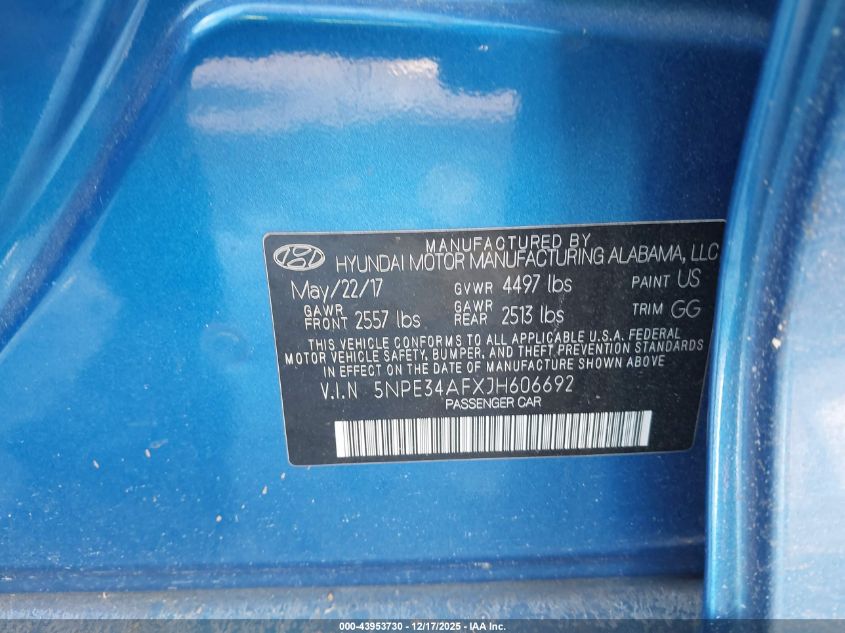 2018 Hyundai Sonata Sel VIN: 5NPE34AFXJH606692 Lot: 43953730