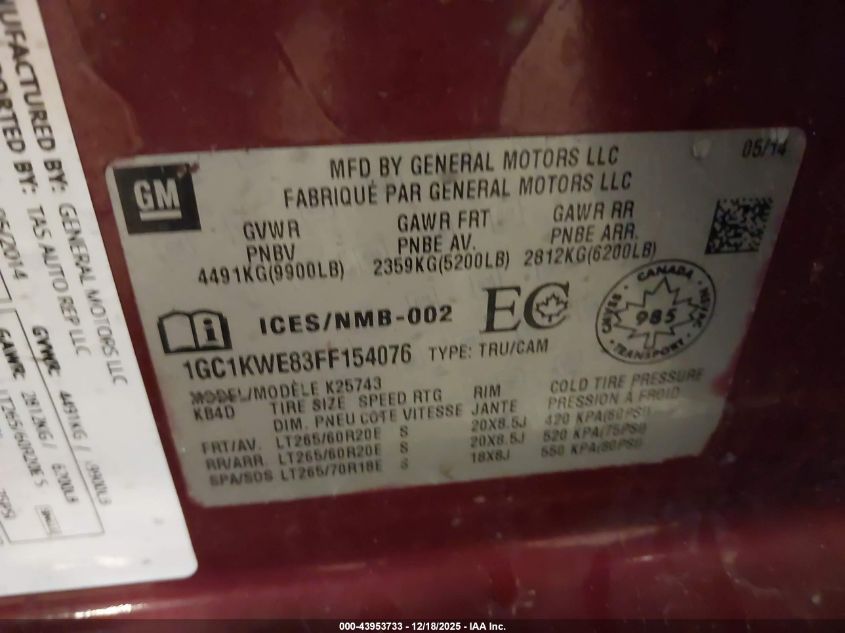 2015 Chevrolet Silverado 2500Hd Ltz VIN: 1GC1KWE83FF154076 Lot: 43953733