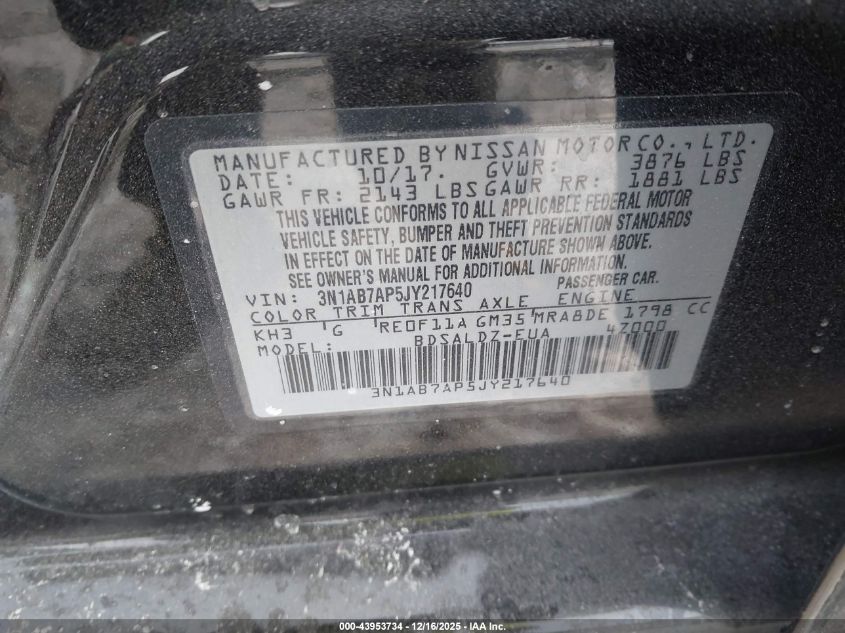 2018 Nissan Sentra Sv VIN: 3N1AB7AP5JY217640 Lot: 43953734