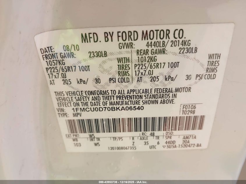 2011 Ford Escape Xlt VIN: 1FMCU0D70BKA06540 Lot: 43953736