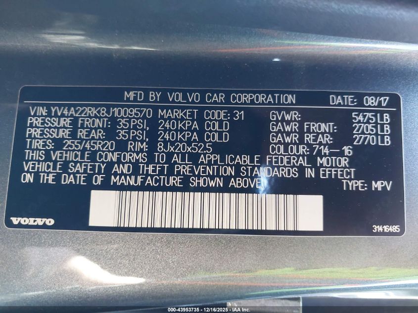 2018 Volvo Xc60 T6 Momentum VIN: YV4A22RK8J1009570 Lot: 43953735