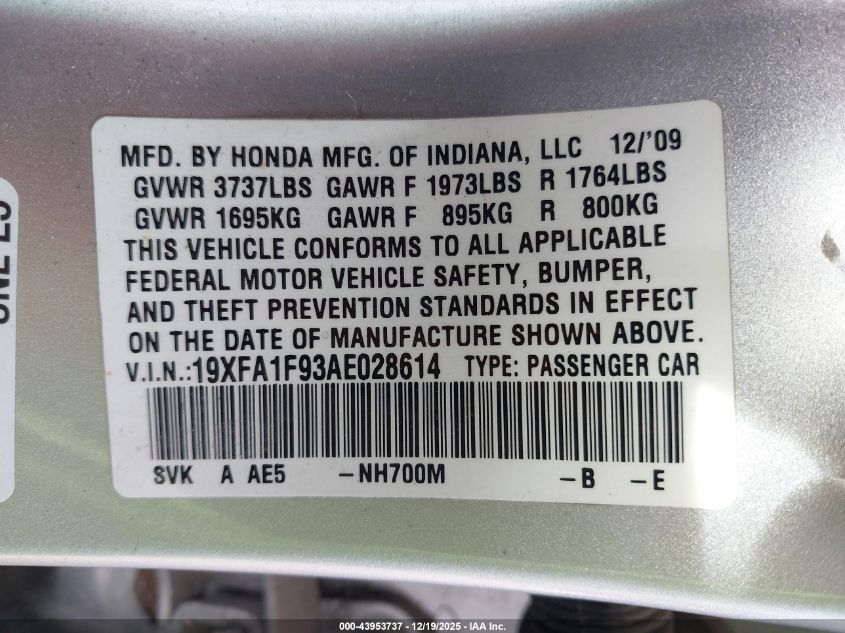 2010 Honda Civic Ex-L VIN: 19XFA1F93AE028614 Lot: 43953737