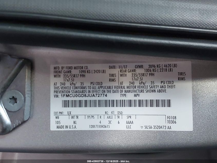 2018 Ford Escape Se VIN: 1FMCU0GD8JUA72774 Lot: 43953738