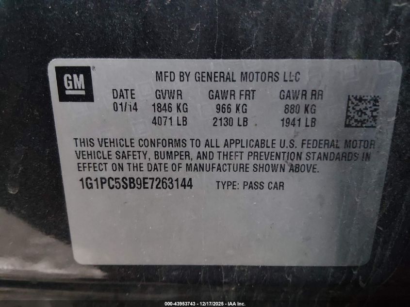 2014 Chevrolet Cruze 1Lt Auto VIN: 1G1PC5SB9E7263144 Lot: 43953743