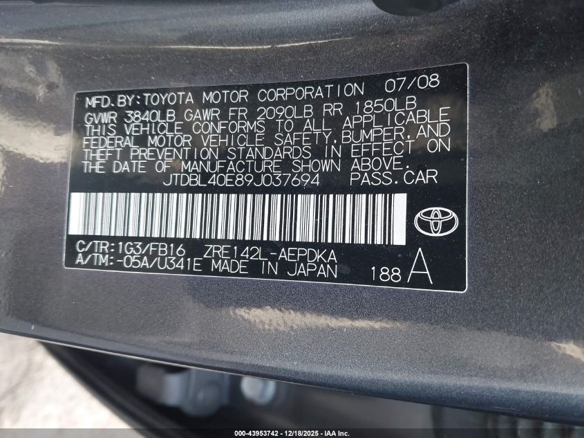 2009 Toyota Corolla Le VIN: JTDBL40E89J037694 Lot: 43953742