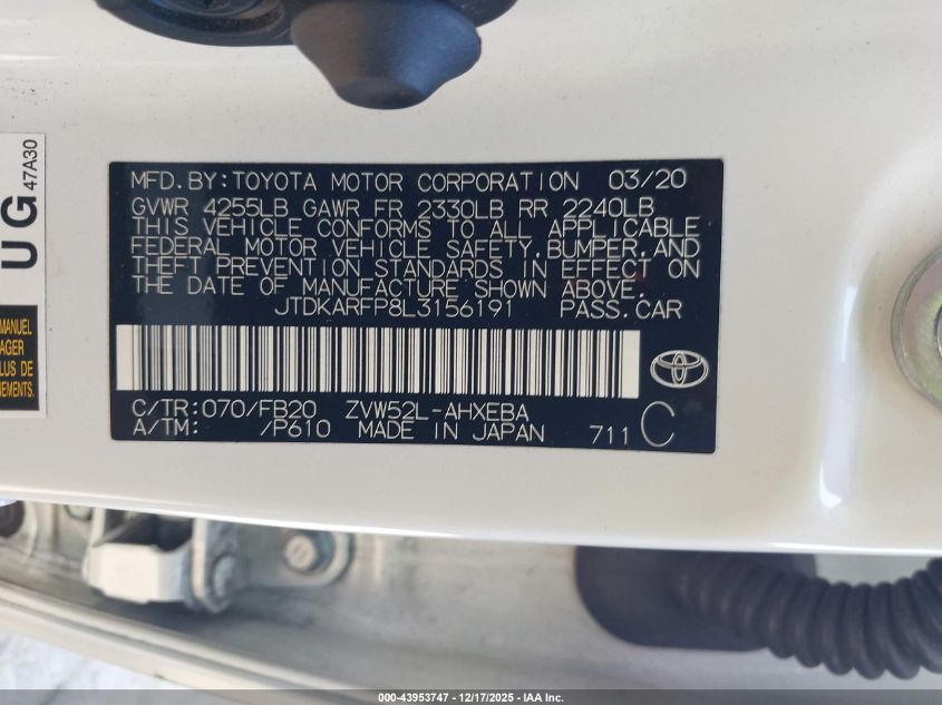 2020 Toyota Prius Prime Le VIN: JTDKARFP8L3156191 Lot: 43953747