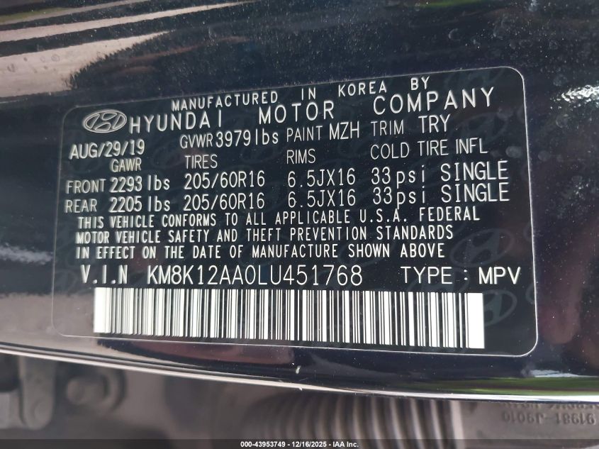2020 Hyundai Kona Se VIN: KM8K12AA0LU451768 Lot: 43953749