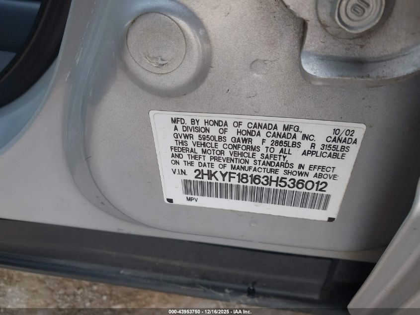 2003 Honda Pilot Lx VIN: 2HKYF18163H536012 Lot: 43953750