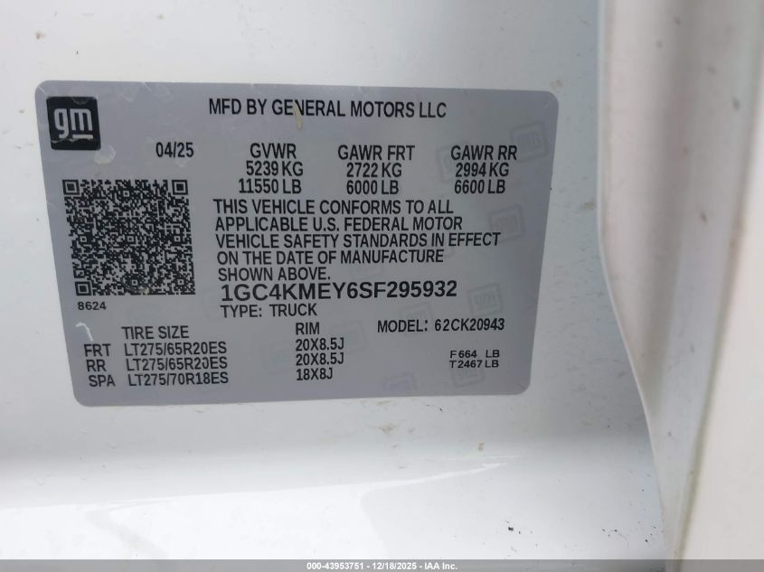 2025 Chevrolet Silverado 2500Hd Custom VIN: 1GC4KMEY6SF295932 Lot: 43953751
