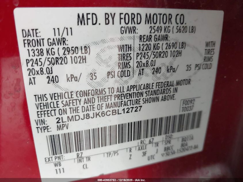 2012 Lincoln Mkx VIN: 2LMDJ8JK6CBL12727 Lot: 43953753
