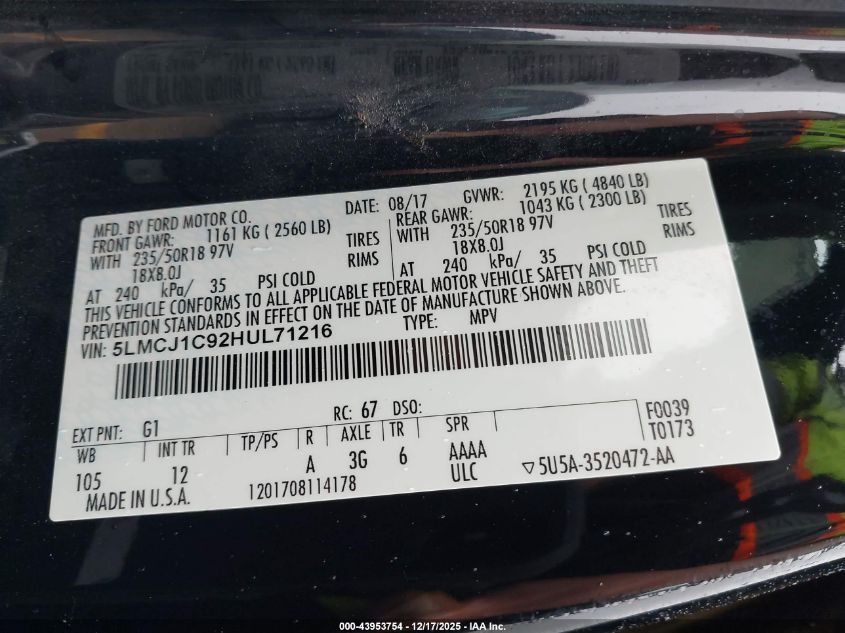 2017 Lincoln Mkc Premiere VIN: 5LMCJ1C92HUL71216 Lot: 43953754