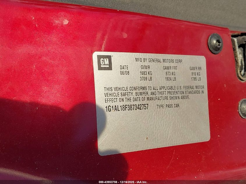 2008 Chevrolet Cobalt Lt VIN: 1G1AL18F387342757 Lot: 43953756