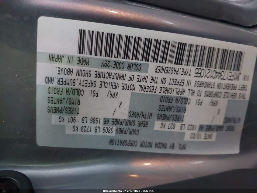 2004 Mazda Rx-8 6 Speed Manual VIN: JM1FE173440121055 Lot: 43953757