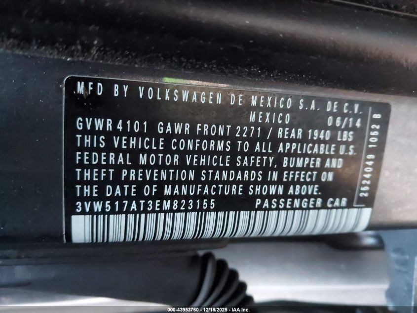 2014 Volkswagen Beetle 1.8T VIN: 3VW517AT3EM823155 Lot: 43953760