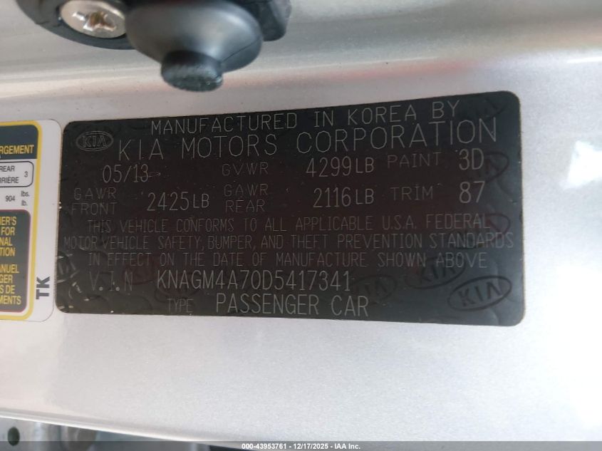 2013 Kia Optima Lx VIN: KNAGM4A70D5417341 Lot: 43953761