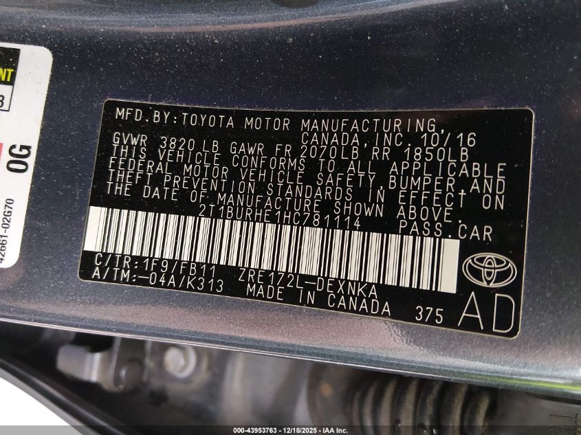 2017 Toyota Corolla Le VIN: 2T1BURHE1HC781114 Lot: 43953763