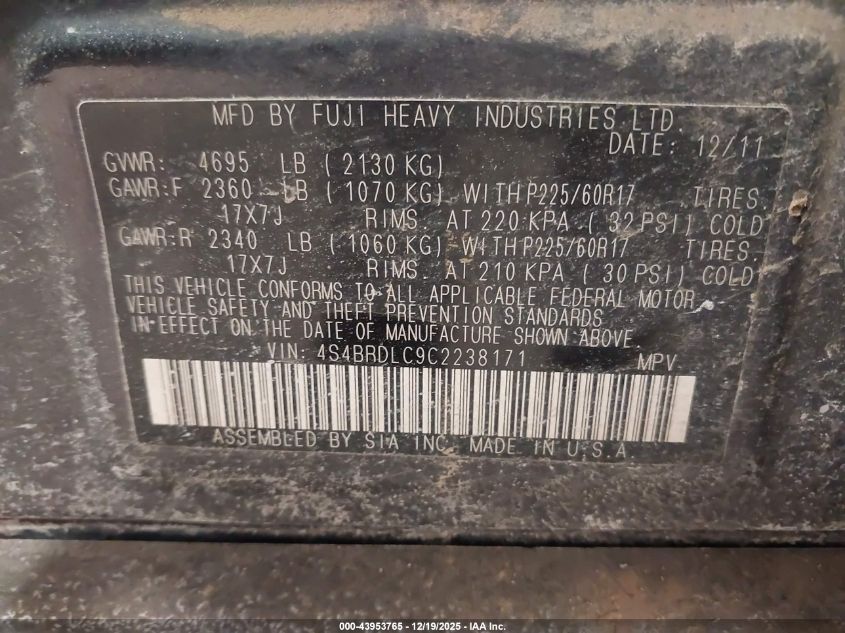 2012 Subaru Outback 3.6R Limited VIN: 4S4BRDLC9C2238171 Lot: 43953765