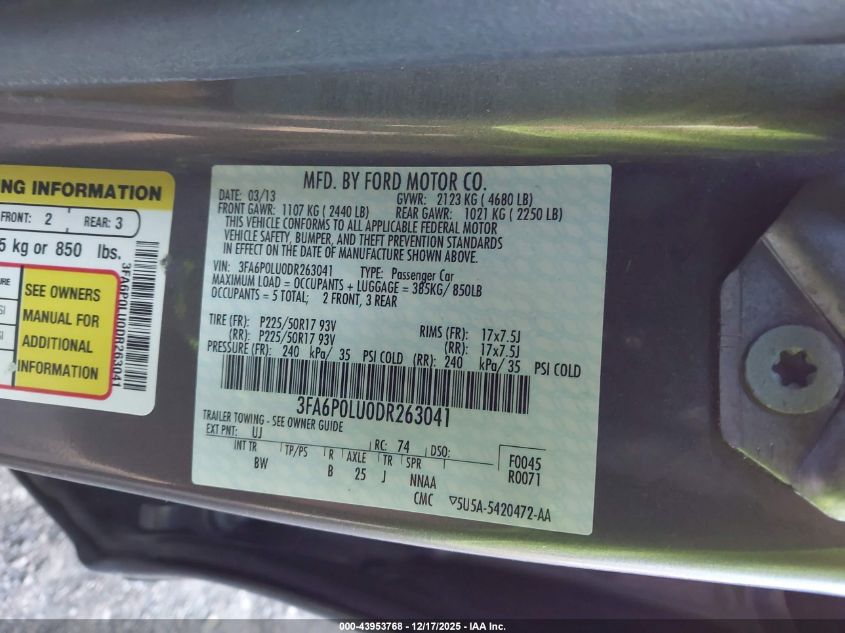 2013 Ford Fusion Hybrid Se VIN: 3FA6P0LU0DR263041 Lot: 43953768