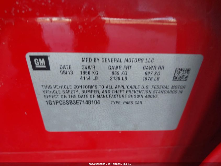 2014 Chevrolet Cruze 1Lt Auto VIN: 1G1PC5SB3E7148104 Lot: 43953769