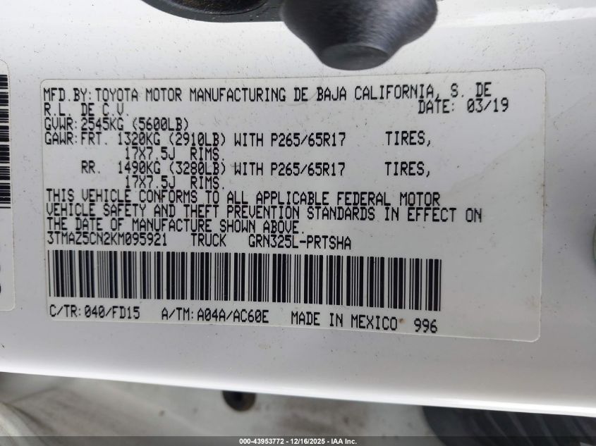 2019 Toyota Tacoma Trd Sport VIN: 3TMAZ5CN2KM095921 Lot: 43953772
