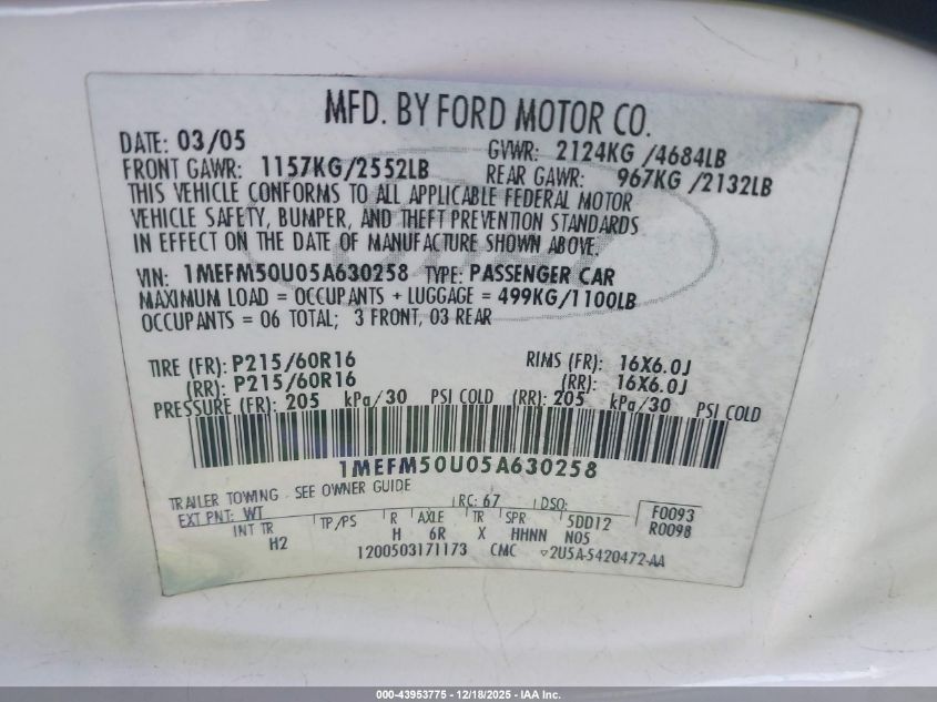 2005 Mercury Sable Gs VIN: 1MEFM50U05A630258 Lot: 43953775