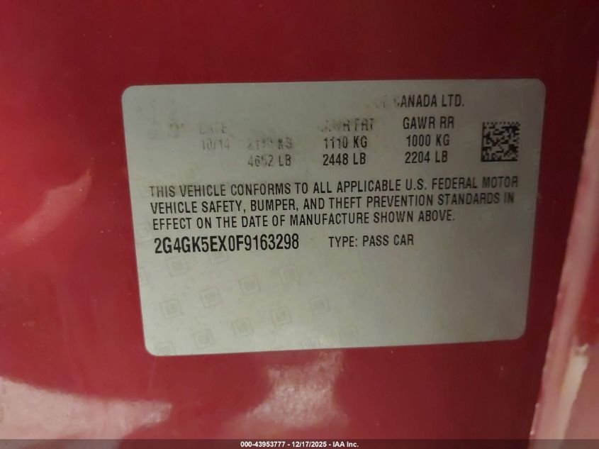 2015 Buick Regal Turbo VIN: 2G4GK5EX0F9163298 Lot: 43953777